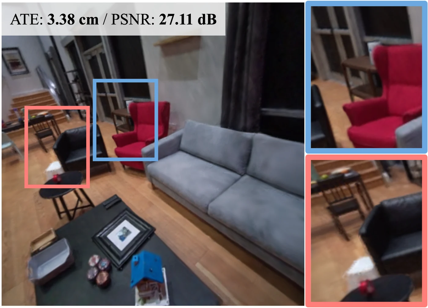 With PD: a single surface along both chairs in Aria room 0.