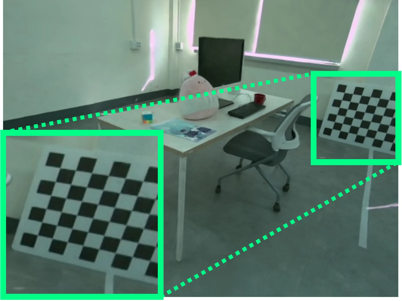 The same novel view with the pose-dependent Gaussian model: the checkerboard is sharp.