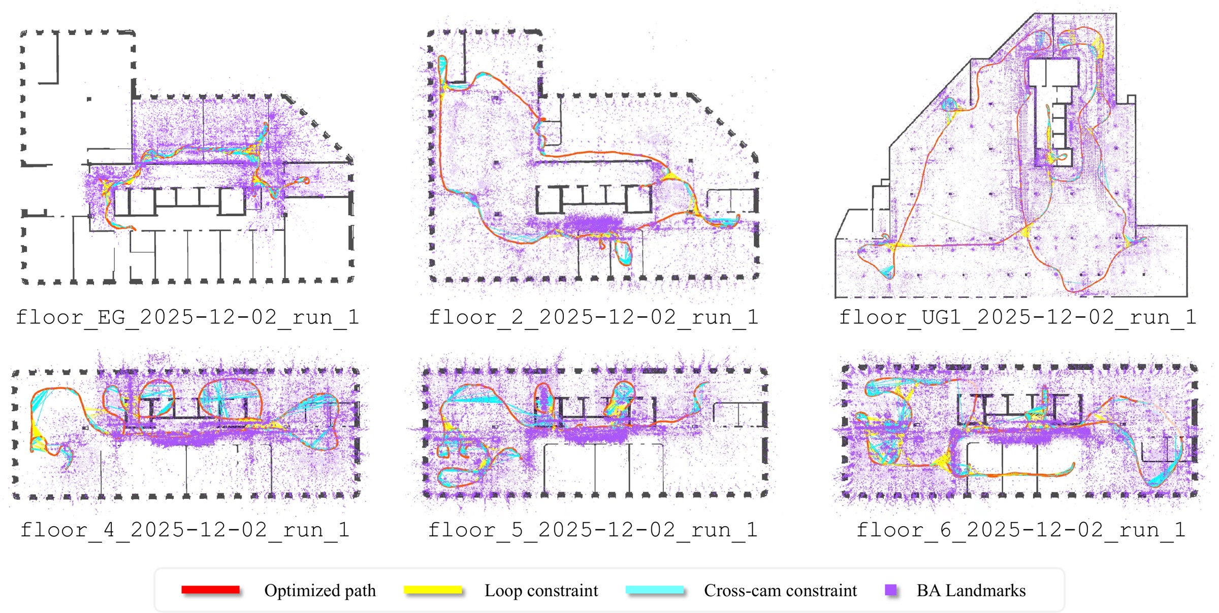 Estimated maps on the floorplans of six sequences